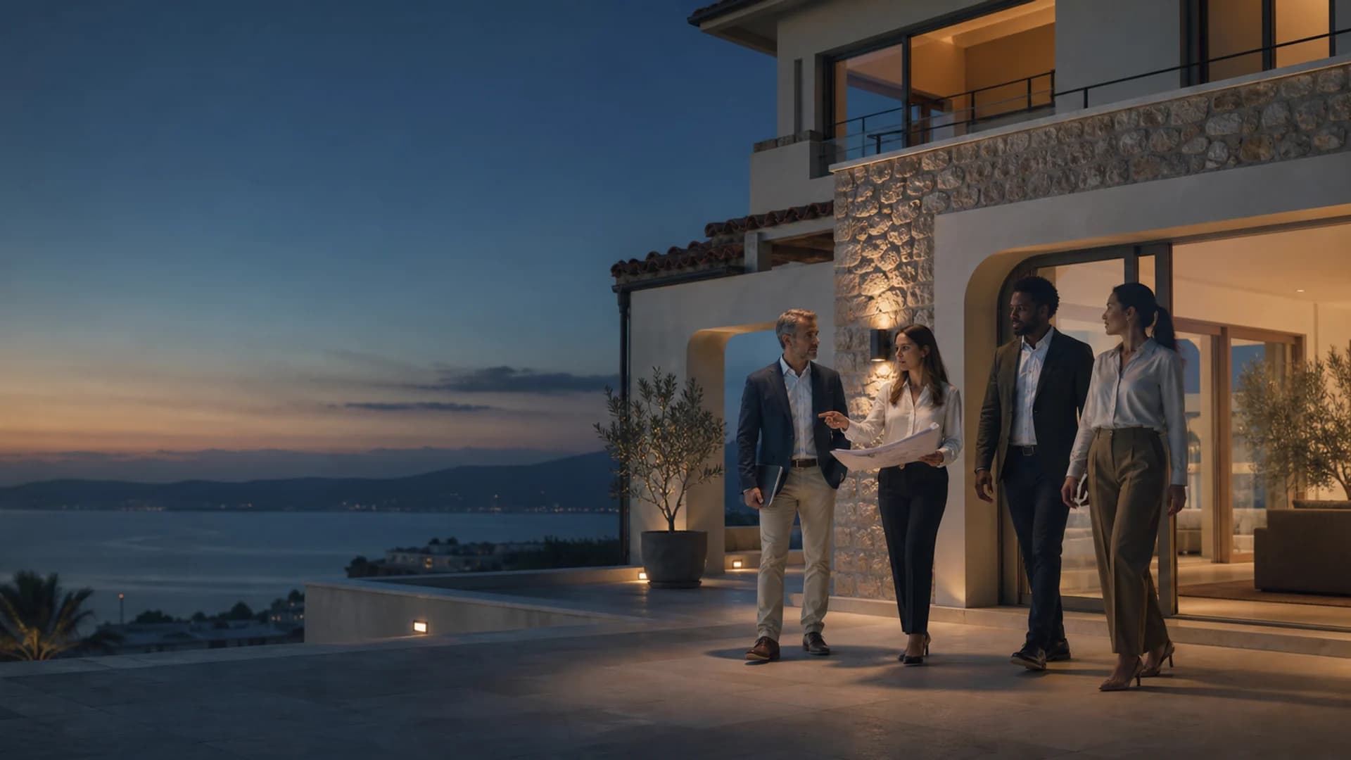 Seçkin bir Akdeniz mülkünü inceleyen danışman ekibi
