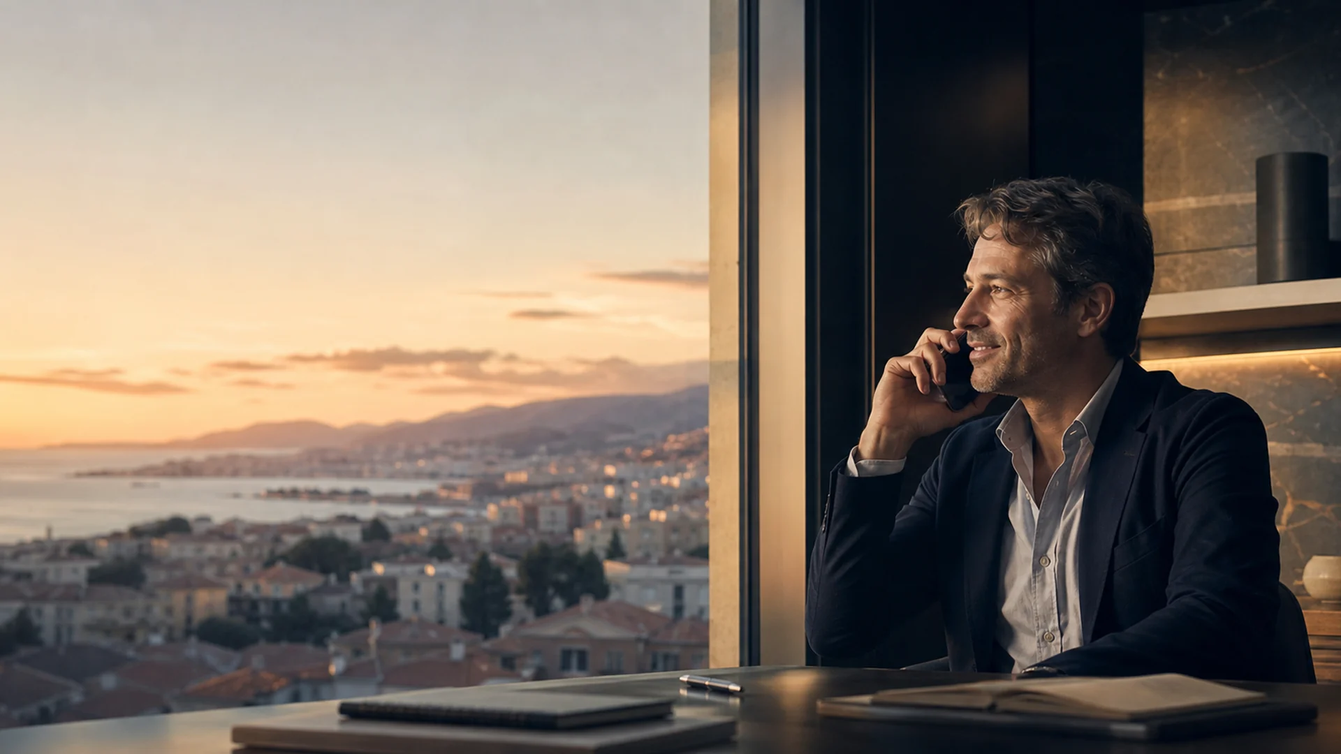 Gün batımında telefon görüşmesi yapan gayrimenkul danışmanı